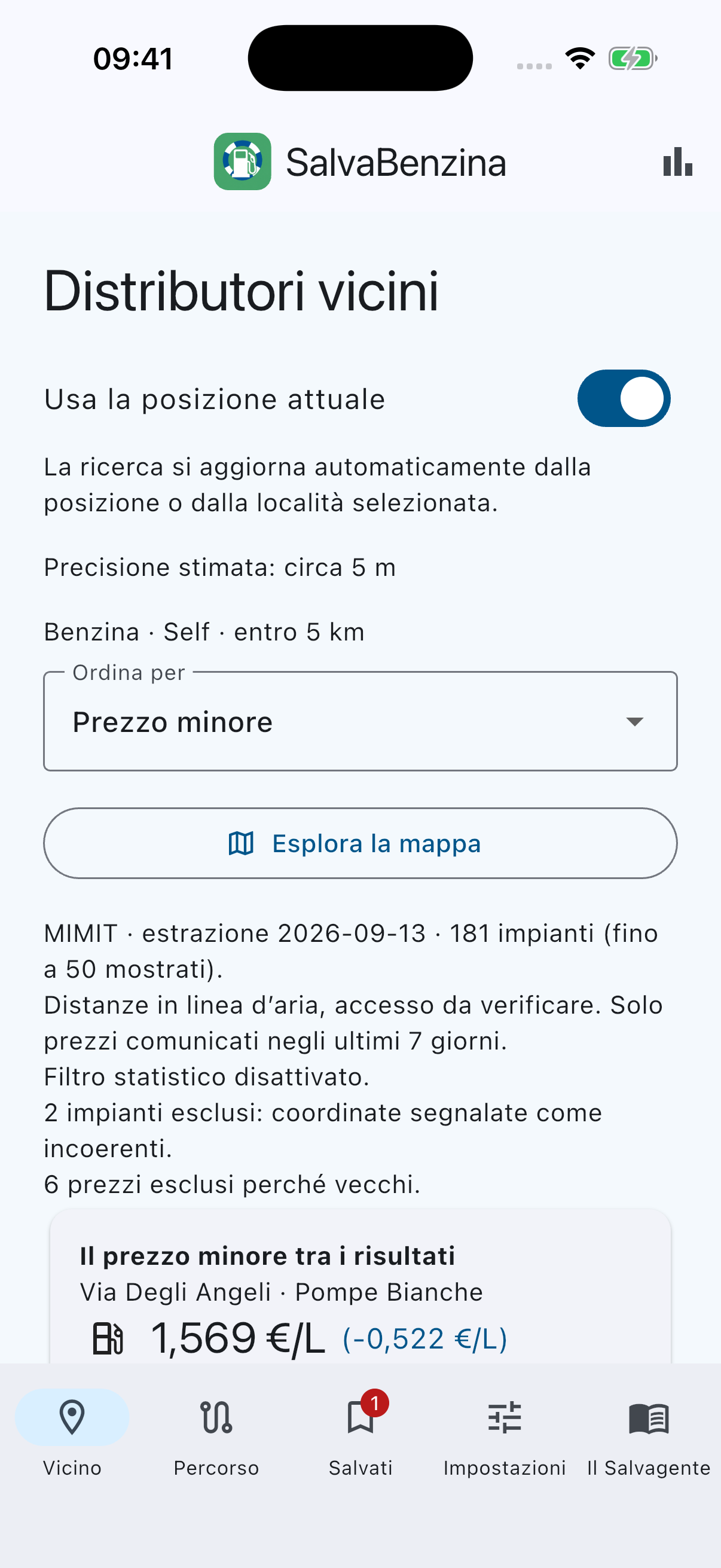 SalvaBenzina: Vicino a te, schermata dell’app
