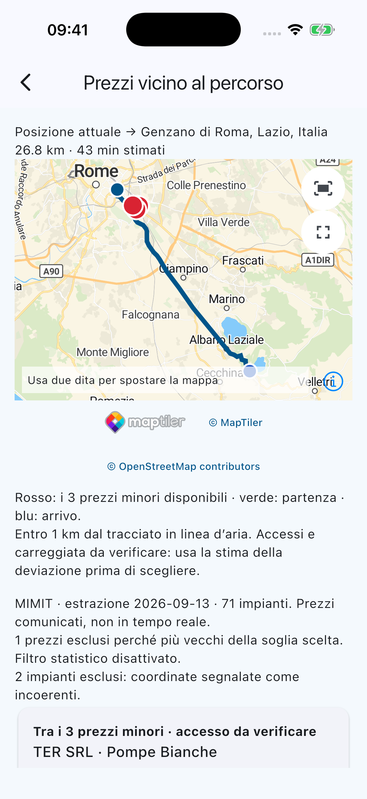Mappa dei distributori lungo il percorso
