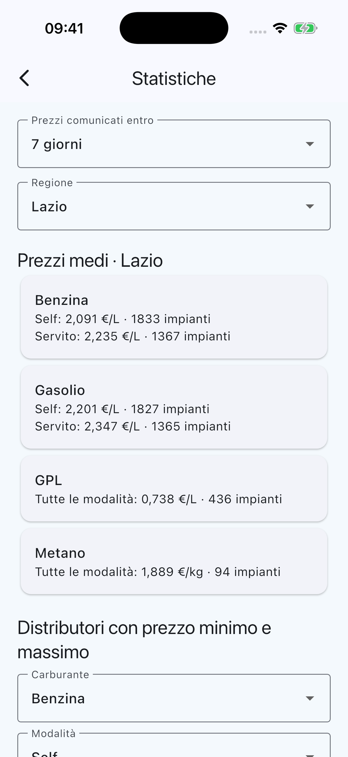 SalvaBenzina: Statistiche, schermata dell’app