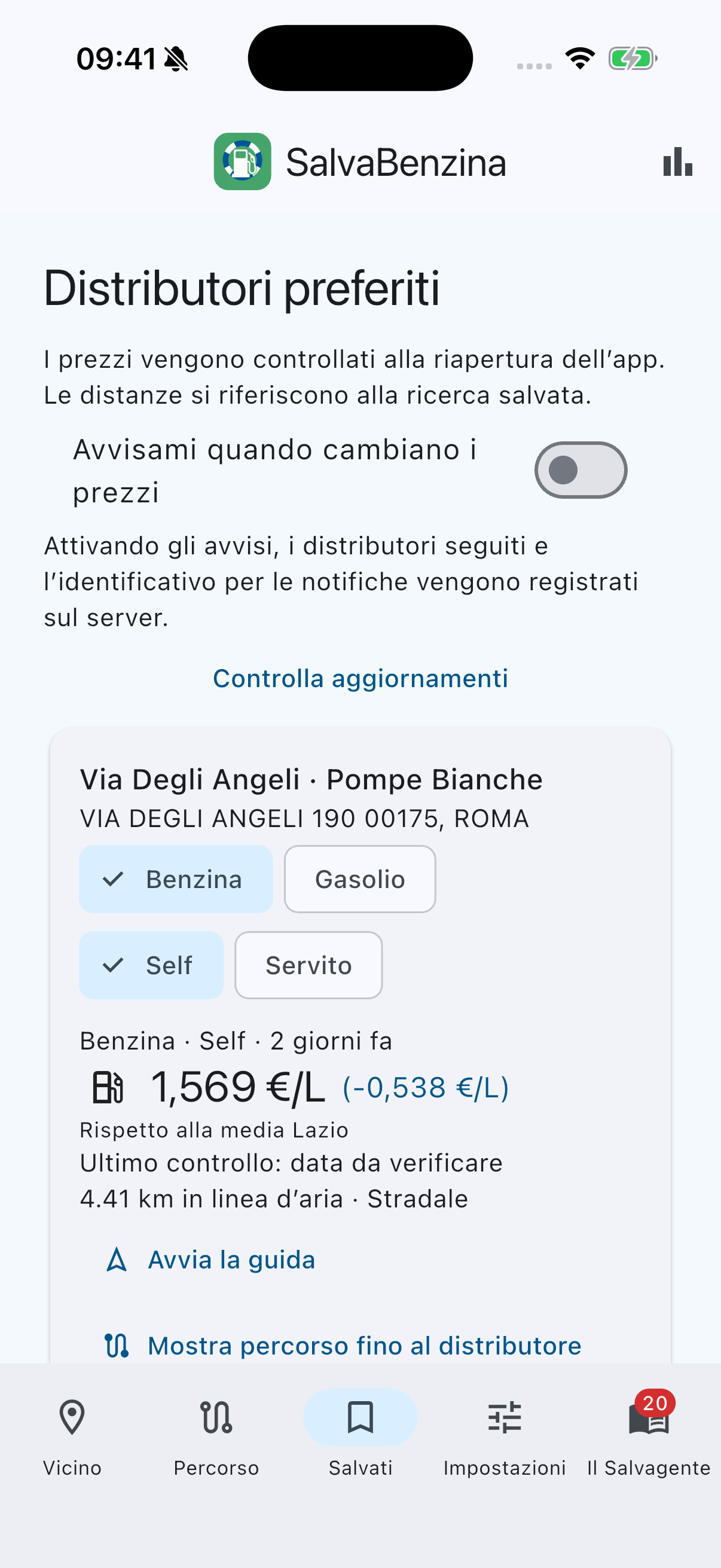 SalvaBenzina: Preferiti, schermata dell’app