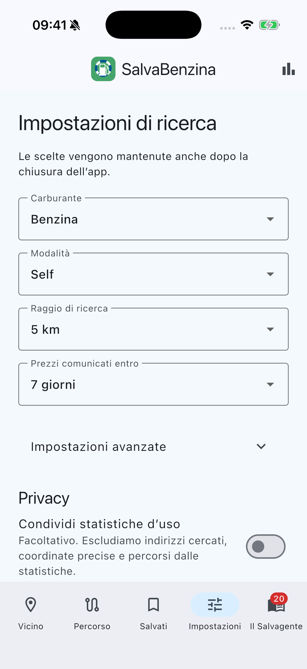 SalvaBenzina: Le tue impostazioni, schermata dell’app
